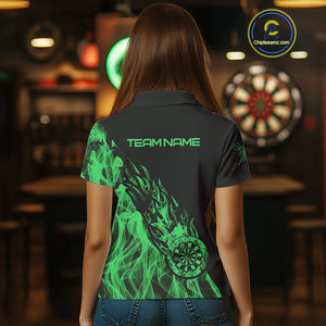 Black And Green Flame Fire Darts Polo & Quarter Zip Custom Dart Shirt For Women Dart Jerseys TDM4857