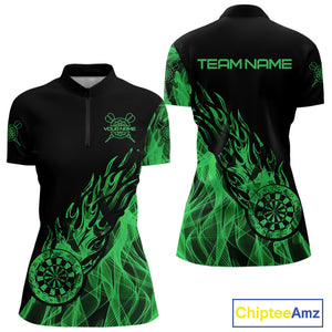 Black And Green Flame Fire Darts Polo & Quarter Zip Custom Dart Shirt For Women Dart Jerseys TDM4857