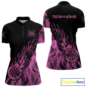 Black And Pink Flame Fire Darts Polo & Quarter Zip Custom Dart Shirt For Women Dart Jerseys TDM4858