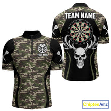 Load image into Gallery viewer, Personalized Green Camo Skull Darts Shirt For Men Custom Darts League Jersey Team Polo &amp; 1/4 Zip TDM6402