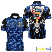 Load image into Gallery viewer, Personalized Blue Camo Skull Billiard Shirt For Men, 8 Ball Billiard Team Jersey Polo &amp; 1/4 Zip TDM6399