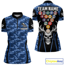 Load image into Gallery viewer, Personalized Blue Camo Skull Billiard Shirt For Women, 8 Ball Billiard Team Jersey Polo &amp; 1/4 Zip TDM6399