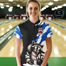 Load image into Gallery viewer, Woman wearing a bowling shirt with a raccoon design in a bowling alley.