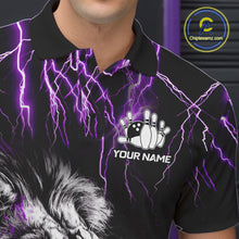Load image into Gallery viewer, Close up of collar, chest and button details on a black and purple thunder lightning lion men's bowling polo shirt.