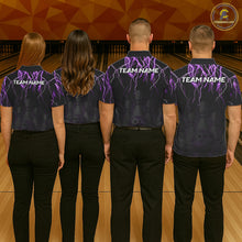 Load image into Gallery viewer, Back view of bowling team wearing matching black and purple bowling league jers