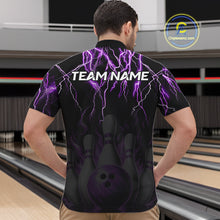 Load image into Gallery viewer, Back view of man wearing a black and purple thunder lightning lion quarter zip bowling shirt, bowling league team uniform.