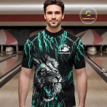Load image into Gallery viewer, Man wearing a black and turquoise thunder lightning lion quarter zip bowling shirt front view, personalized bowling team apparel.