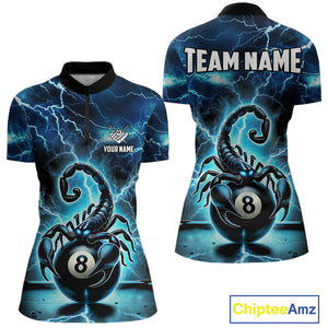 Blue Lightning Thunder Scorpion 8 Ball Pool Polo & 1/4 Zip For Women Custom Billiard Team Jersey TDM4861