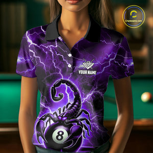 Purple Thunder Lightning Scorpion 8 Ball Pool Polo & 1/4 Zip For Women Custom Billiard Team Jersey TDM4862