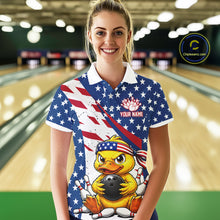 Load image into Gallery viewer, Women wearing a patriotic polo shirt with a duck graphic in a bowling alley.