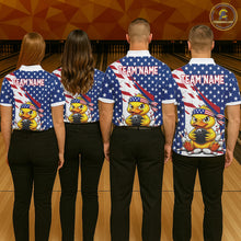 Load image into Gallery viewer, Four people wearing bowling shirts with a duck and American flag design on a bowling alley.