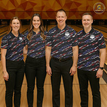 Load image into Gallery viewer, Bowling team wearing matching black American flag custom bowling jerseys front view.
