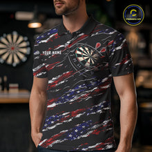 Load image into Gallery viewer, Man wearing a black American flag darts jersey front view, personalized patriotic darts team shirt.