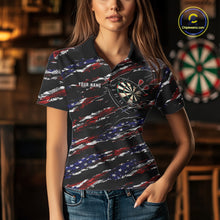 Load image into Gallery viewer, Woman wearing a black American flag darts jersey front view, personalized patriotic darts team shirt.