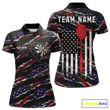 Load image into Gallery viewer, Black American flag custom darts polo shirt for women, patriotic darts team jersey for league tournaments.