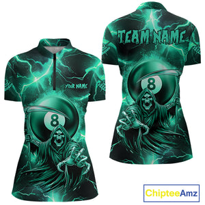 Turquoise Grim Reaper 8 Ball Women's Billiard Shirt Custom Thunder Lightning Pool Team Jersey TDM4872