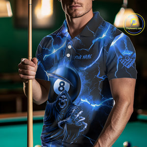 Personalized Blue Grim Reaper 8 Ball Men's Billiard Shirt Custom Thunder Lightning Pool Team Jersey TDM4873