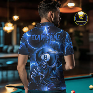 Personalized Blue Grim Reaper 8 Ball Men's Billiard Shirt Custom Thunder Lightning Pool Team Jersey TDM4873