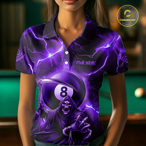 Purple Grim Reaper 8 Ball Women's Billiard Shirt Custom Thunder Lightning Halloween Pool Team Jersey TDM4874