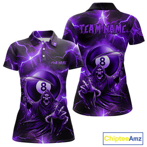 Purple Grim Reaper 8 Ball Women's Billiard Shirt Custom Thunder Lightning Halloween Pool Team Jersey TDM4874