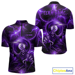 Purple Grim Reaper 8 Ball Men's Billiard Shirt Custom Thunder Lightning Halloween Pool Team Jersey TDM4874