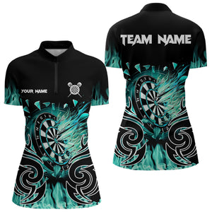 Custom Turquoise Tribal Flame Dart Shirt For Women, Dart Jersey Pocket Option TDM3795