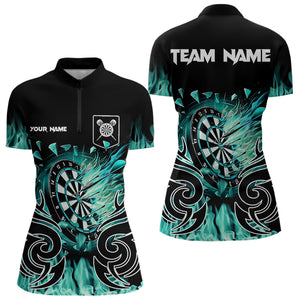 Custom Turquoise Tribal Flame Dart Shirt For Women, Dart Jersey Pocket Option TDM3795