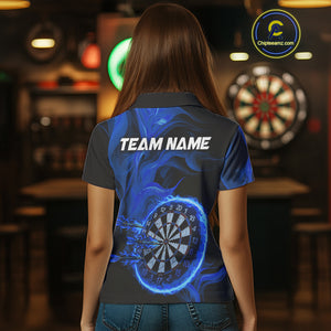 Blue Flaming Dartboard Shirt For Women Custom Fire Darts Jersey Polo & Quarter Zip Team Uniform TDM4676