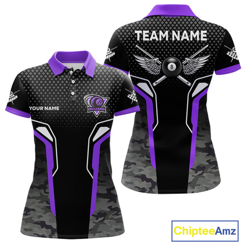 Black And Purple 8 Ball Pool Wings Custom Camo Billiard Shirt For Women, 8 Ball Billiard Team Jersey TDM4439