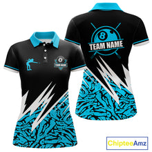 Load image into Gallery viewer, Personalized 8 Ball Billiard Jersey For Women Custom Black &amp; Cyan Blue Pool Team Shirt Polo, 1/4 Zip TDM5107