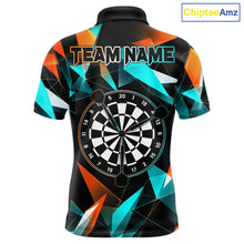 Load image into Gallery viewer, Orange and turquoise darts polo shirt with geometric design and dartboard, customizable name and team name