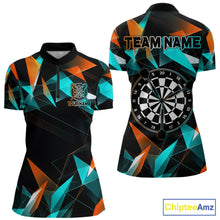 Load image into Gallery viewer, Orange and turquoise darts quarter zip shirt with geometric design and dartboard, customizable name and team name