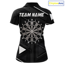 Load image into Gallery viewer, Black polo shirt with dartboard design and customizable text on a geometric background