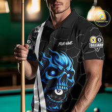 Load image into Gallery viewer, Man wearing a blue skull 8 ball and 9 ball billiard jersey front view.