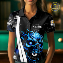 Load image into Gallery viewer, Woman wearing a blue skull 8 ball and 9 ball billiard jersey front view.