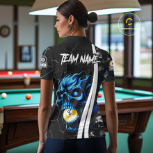 Load image into Gallery viewer, Back view of woman wearing a blue skull 8 ball and 9 ball pool jersey.