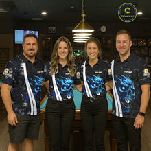 Load image into Gallery viewer, Pool team wearing matching blue skull 8 ball and 9 ball billiard jerseys front view.