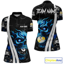 Load image into Gallery viewer, Blue skull 8 ball and 9 ball quarter zip billiard shirt for women, custom pool team jersey.