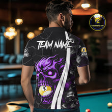 Load image into Gallery viewer, Back view of man wearing a purple skull 8 ball and 9 ball pool jersey.