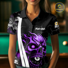 Load image into Gallery viewer, Woman wearing a purple skull 8 ball and 9 ball billiard jersey front view.