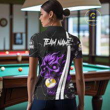 Load image into Gallery viewer, Back view of woman wearing a purple skull 8 ball and 9 ball pool jersey.