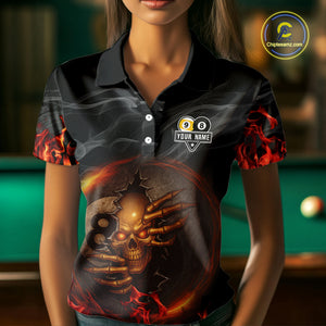 Funny Skull Billiard 8 Ball & 9 Ball Pool Shirt For Women Custom Orange Flame Billiard Team Jerseys TDM4451