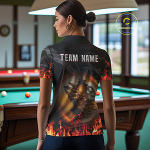 Funny Skull Billiard 8 Ball & 9 Ball Pool Shirt For Women Custom Orange Flame Billiard Team Jerseys TDM4451