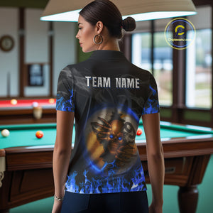 Funny Skull Billiard 8 Ball & 9 Ball Pool Shirt For Women Custom Blue Flaming Billiard Team Jerseys TDM4453