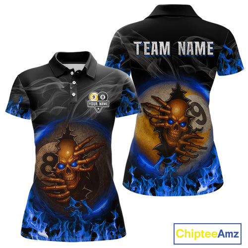 Funny Skull Billiard 8 Ball & 9 Ball Pool Shirt For Women Custom Blue Flaming Billiard Team Jerseys TDM4453