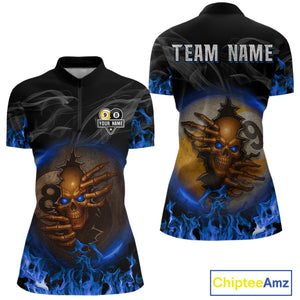 Funny Skull Billiard 8 Ball & 9 Ball Pool Shirt For Women Custom Blue Flaming Billiard Team Jerseys TDM4453