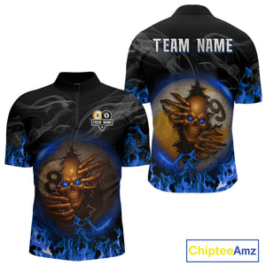 Funny Skull Billiard 8 Ball & 9 Ball Pool Shirt For Men Custom Blue Flaming Billiard Team Jerseys TDM4453