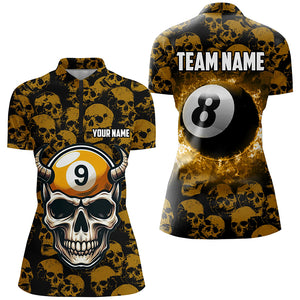Personalized Billiard Jersey 8 & 9 Ball Custom Funny Skull Pattern Billiard Shirts For Women |Yellow TDM2369