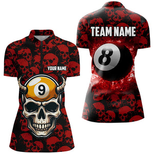 Personalized Billiard Jersey 8 & 9 Ball Custom Funny Skull Pattern Billiard Shirts For Women |Red TDM2370