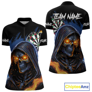 Personalized Blue Death Skeleton Fire Dart Shirts For Women Custom Skull Dart Jersey Polo & 1/4 Zip TDM4892